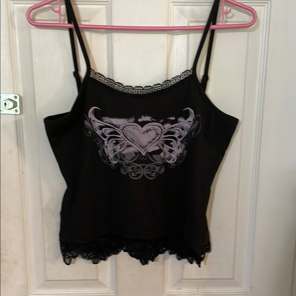 Black Lace Trim Camisole with Heart Design